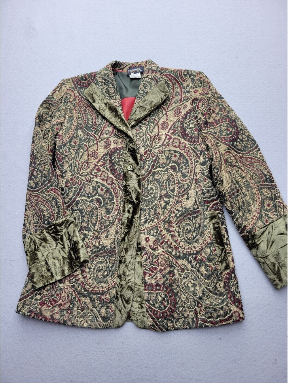 Signature forYou Women's Blazer Size 14 Tan/Green Paisley Short Button Rayon
